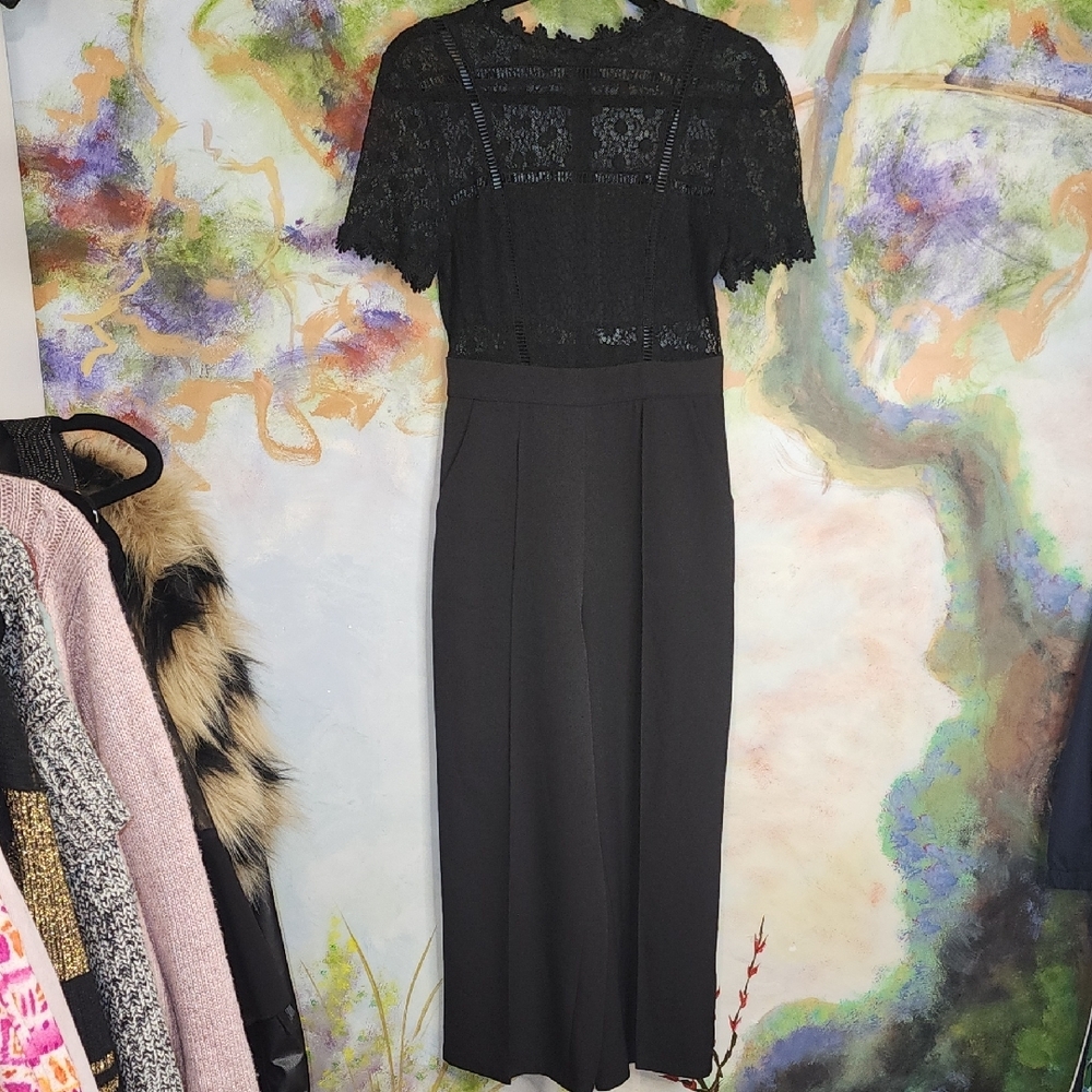 Hello Molly Black Textured Lace Jumpsuit with Short Sleeves and back Zip